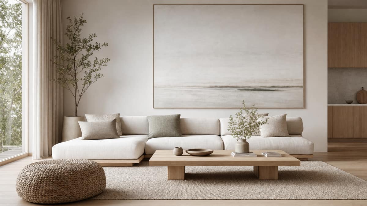 Styled living space with a long sofa, oversized artwork and a woven pouffe
