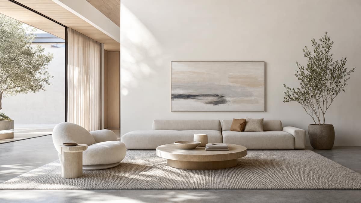 Upscale show-home lounge with a sculptural armchair and a large abstract canvas