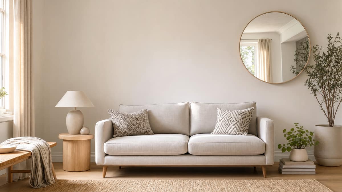 Sitting room with a two-seater sofa, patterned cushions and a round mirror