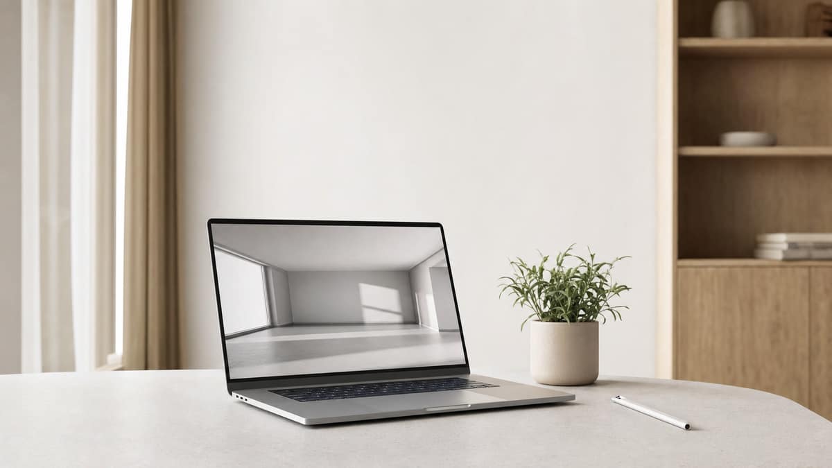 Open laptop on a desk showing a three-dimensional render of an empty room