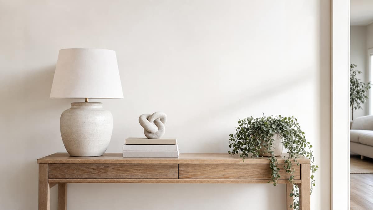 Styled console table vignette with a lamp, stacked books and a small sculpture